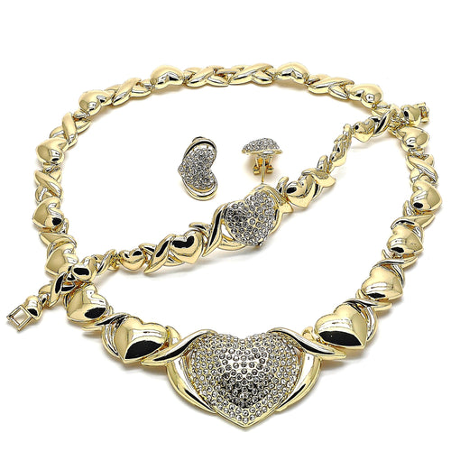 Large Set with Crystal Heart and Hug and Kiss Lady Jewelry Set in Gold Layered with Necklace, Bracelet and Earring, XO Style, Polished Finish Design, Gold Tone with White Crystal, High Polished Finish