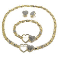 Double Heart Hug and Kiss Lady Jewelry Set in Gold Layered with Necklace, Bracelet and Earring, XO Style, Polished Finish Design, Gold Tone with White Crystal, High Polished Finish