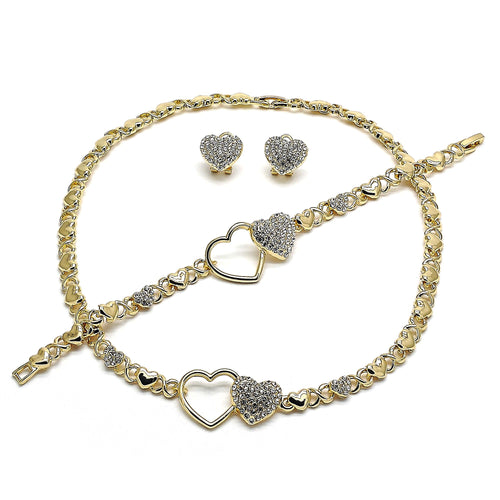 Double Heart Hug and Kiss Lady Jewelry Set in Gold Layered with Necklace, Bracelet and Earring, XO Style, Polished Finish Design, Gold Tone with White Crystal, High Polished Finish