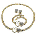 Double Heart Hug and Kiss Lady Jewelry Set in Gold Layered with Necklace, Bracelet and Earring, XO Style, Polished Finish Design, Gold Tone with White Crystal, High Polished Finish