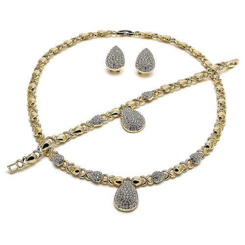 Hug and Kiss Lady Jewelry Set in Gold Layered with Necklace, Bracelet and Earring, XO Style, Polished Finish Design, Gold Tone with White Crystal, High Polished Finish