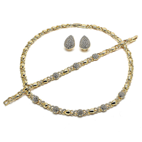 Hug and Kiss Lady Jewelry Set in Gold Layered with Necklace, Bracelet and Earring, XO Style, Polished Finish Design, Gold Tone with White Crystal, High Polished Finish