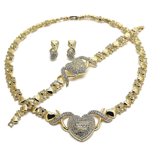 Hug and Kiss Lady Jewelry Set in Gold Layered with Necklace, Bracelet and Earring, XO Style, Polished Finish Design, Gold Tone with White Crystal, High Polished Finish