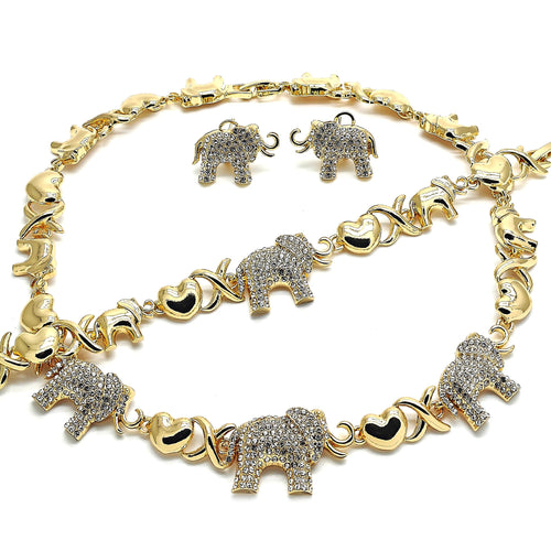 Elephant and Heart XO Hug and Kiss Lady Jewelry Set in Gold Layered with Necklace, Bracelet and Earring, XO Style, Polished Finish Design, Gold Tone with White Crystal, High Polished Finish
