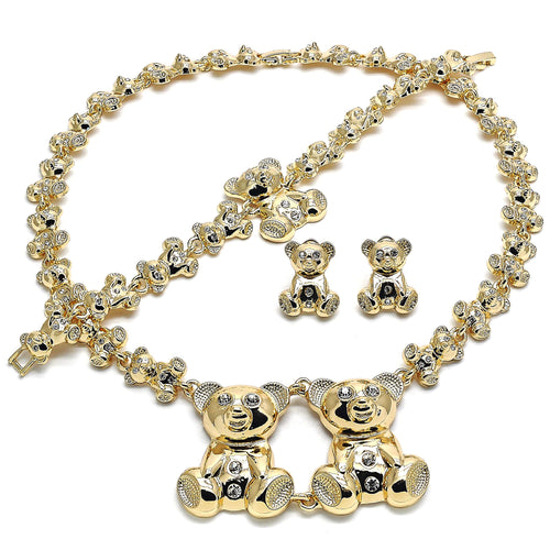 Teddy Bear Hug and Kiss Lady Jewelry Set in Gold Layered with Necklace, Bracelet and Earring, XO Style, Polished Finish Design, Gold Tone with White Crystal, High Polished Finish