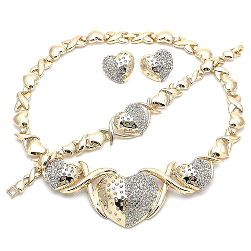 Heart Hug and Kiss Set Necklace, Bracelet and Earring, Polished Finish, Golden Tone Hugs and Kisses and Love Design, Polished Finish, Golden Tone