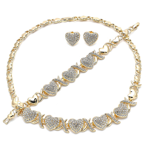 Cristal Heart X O Hug and Kiss Set Necklace, Bracelet and Earring, Polished Finish, Golden Tone Hugs and Kisses and Love Design, Polished Finish, Golden Tone
